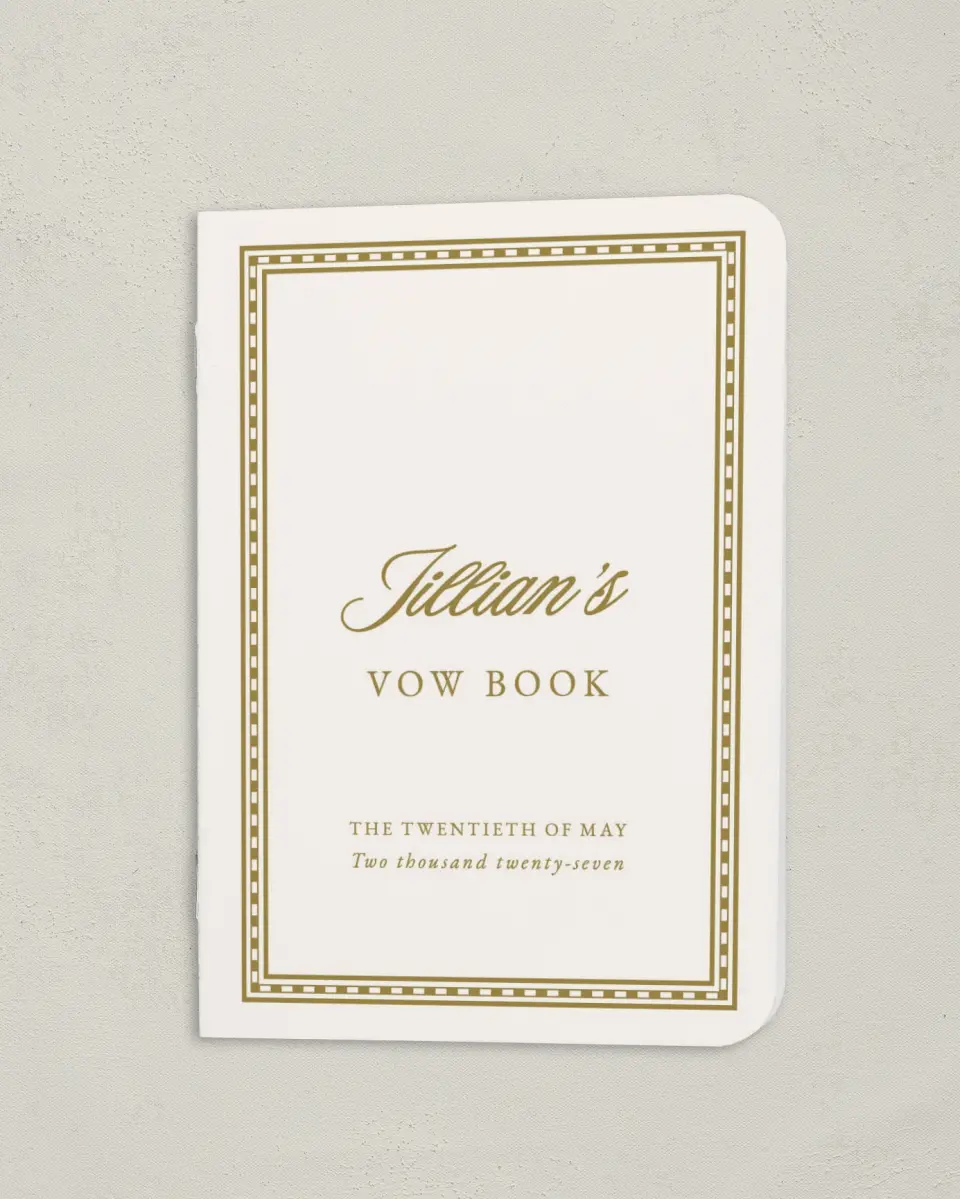 This is a 4" x 5½" Folded Bride Vow Book called The Jillian (Bride) printed in full color with Gold foil