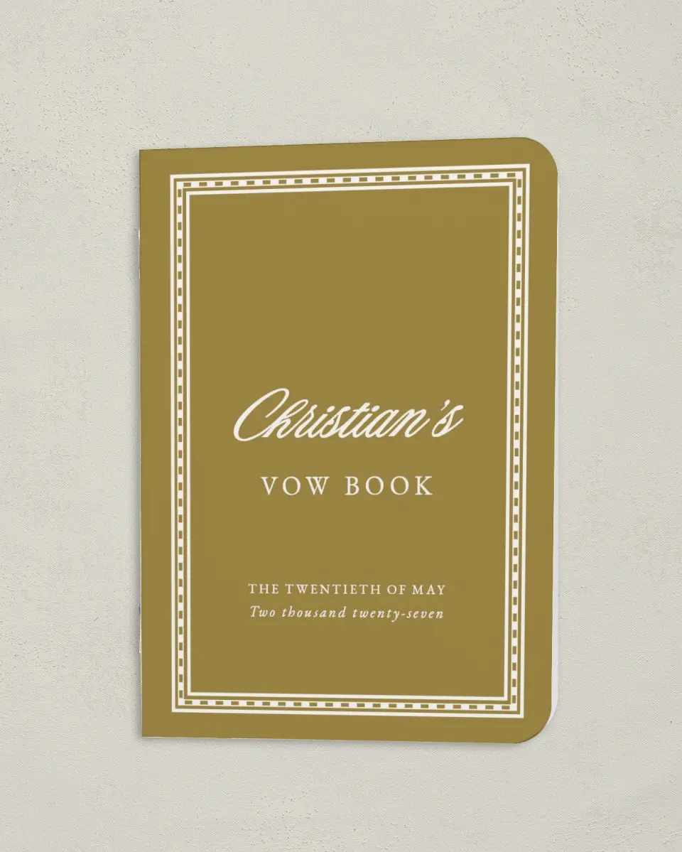 This is a 4" x 5½" Folded Bride Vow Book called The Jillian (Groom) printed in full color with Gold foil