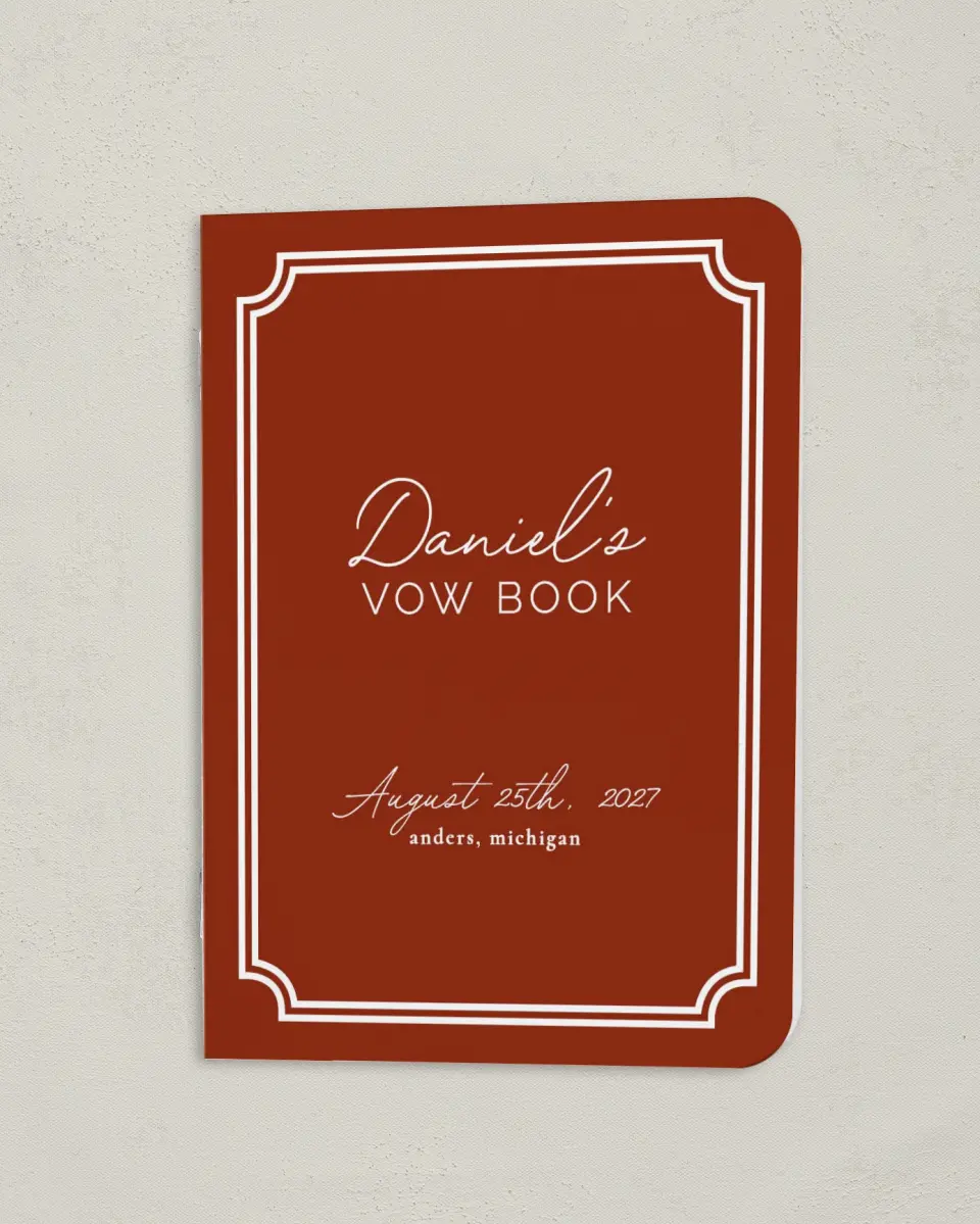 This is a 4" x 5½" Folded Bride Vow Book called The Chelsea (Groom) printed in full color with Gold foil