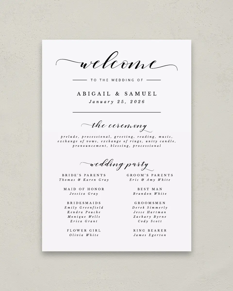 This is a 20" x 28" Ceremony Sign called Timeless Eloquence printed in full color with Rose Gold foil