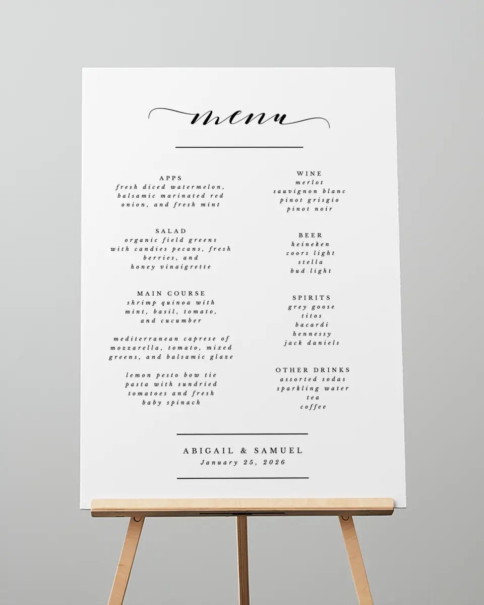 This is a 20" x 28" Menu Sign called Timeless Eloquence printed in full color with Silver foil