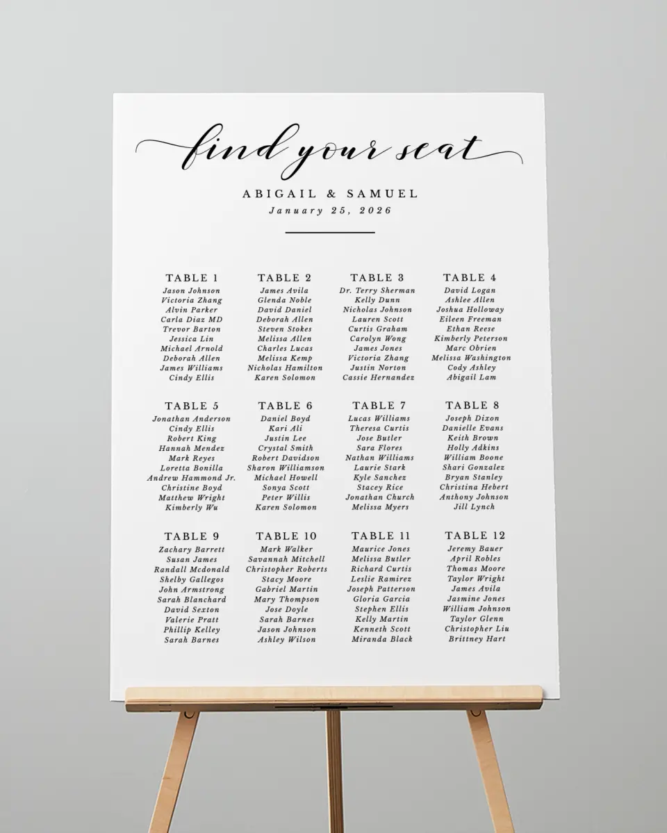 This is a 20" x 28" Seating Chart Sign called Timeless Eloquence printed in full color