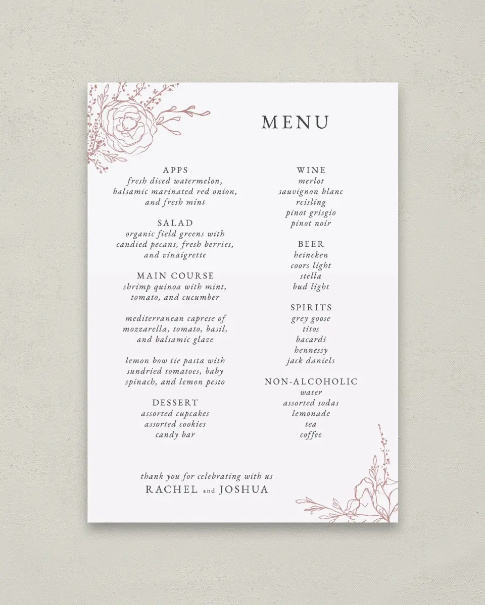This is a 20" x 28" Menu Sign called Blooming Rose printed in full color with Silver foil