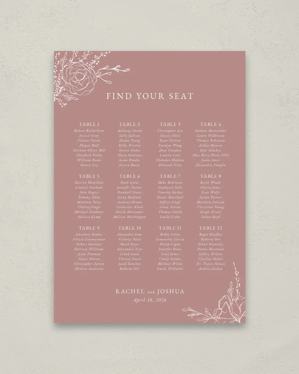 This is a 20" x 28" Seating Chart Sign called Blooming Rose printed in full color