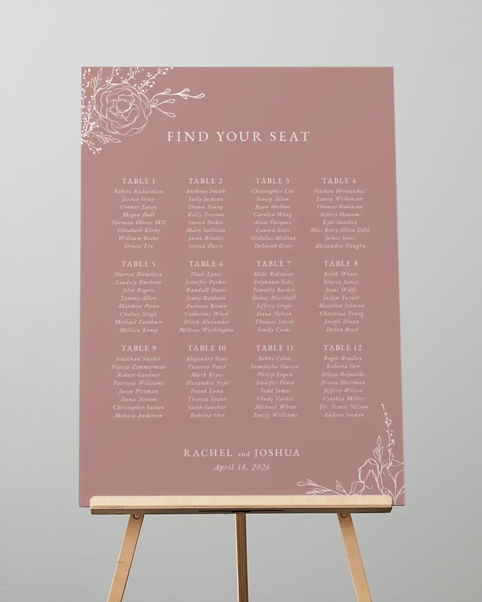 This is a 20" x 28" Seating Chart Sign called Blooming Rose printed in full color