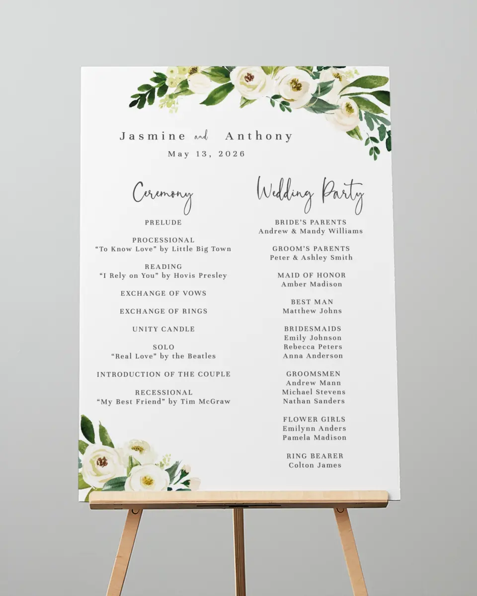 This is a 20" x 28" Ceremony Sign called Wedding Florals printed in full color