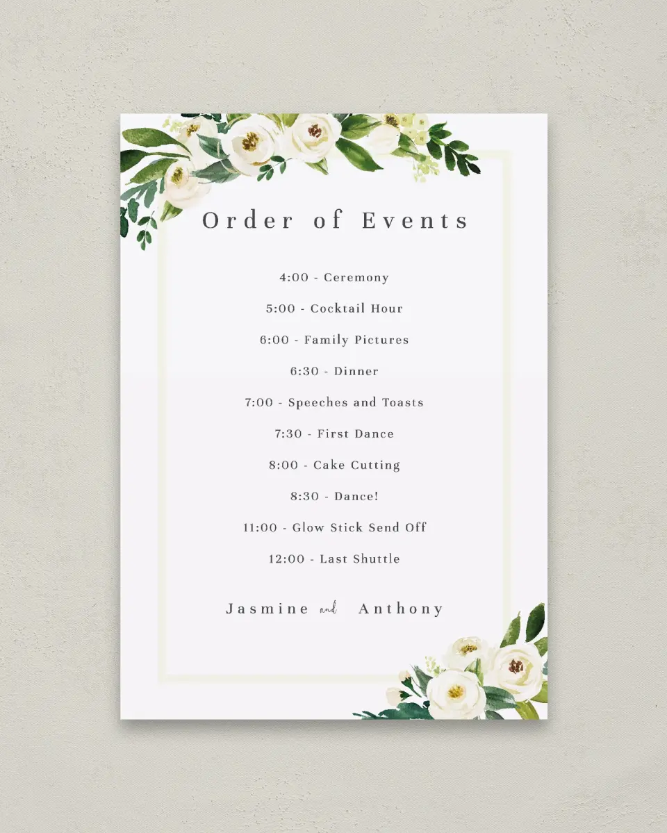This is a 20" x 28" Schedule Sign called Wedding Florals printed in full color