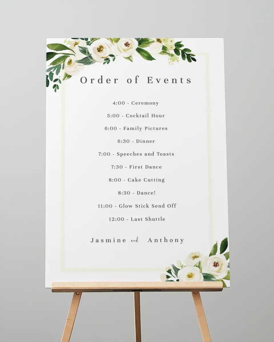 This is a 20" x 28" Schedule Sign called Wedding Florals printed in full color