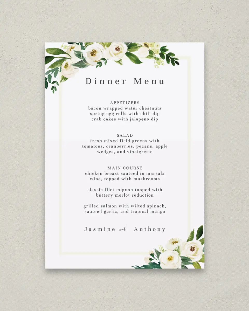 This is a 20" x 28" Menu Sign called Wedding Florals printed in full color