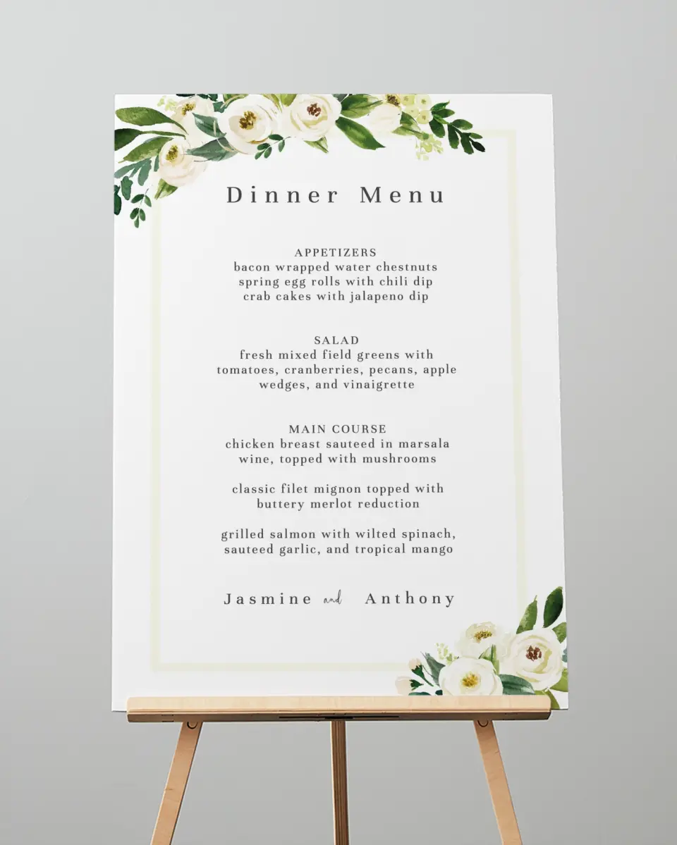 This is a 20" x 28" Menu Sign called Wedding Florals printed in full color