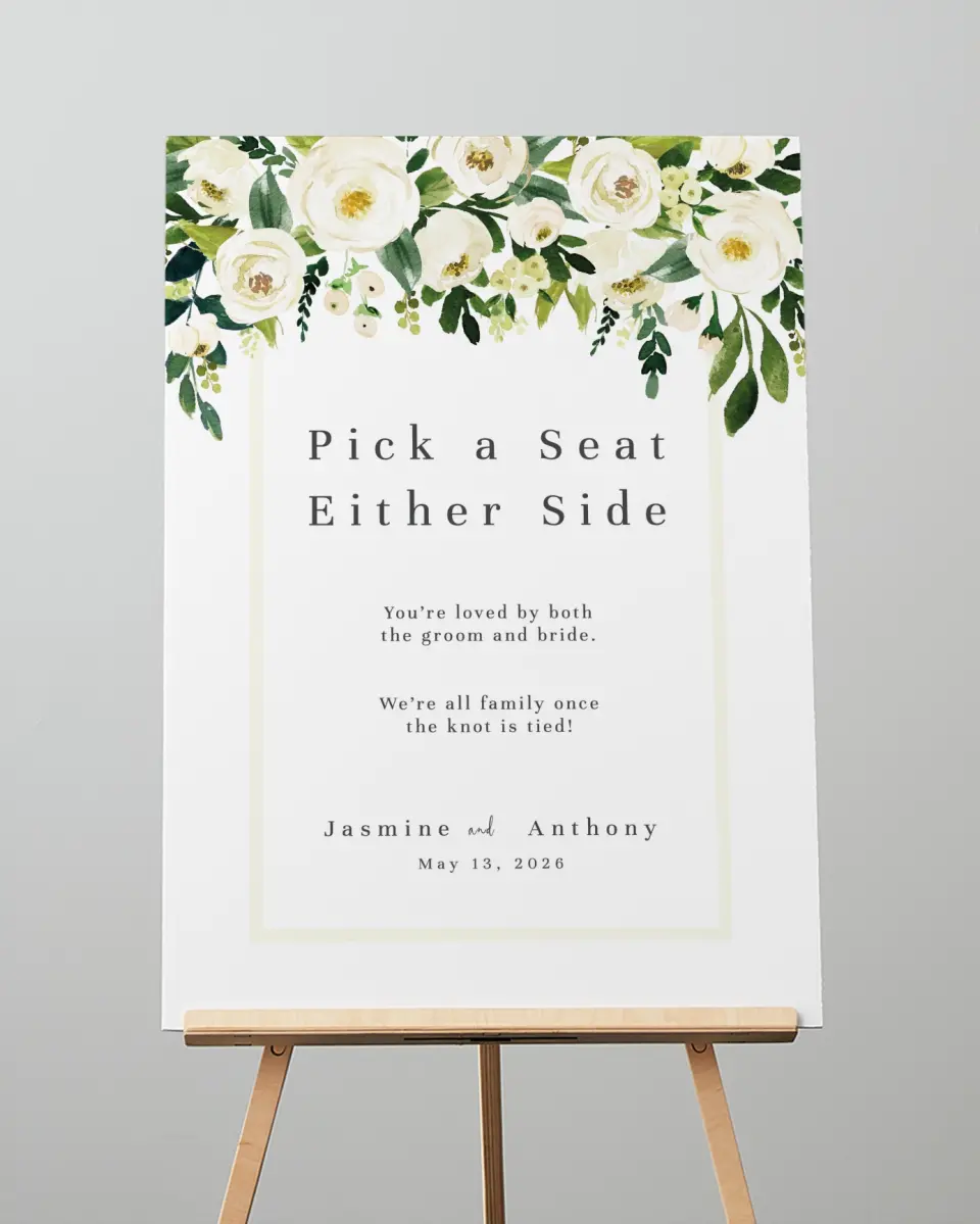 This is a 20" x 28" Pick a Seat Sign called Wedding Florals printed in full color
