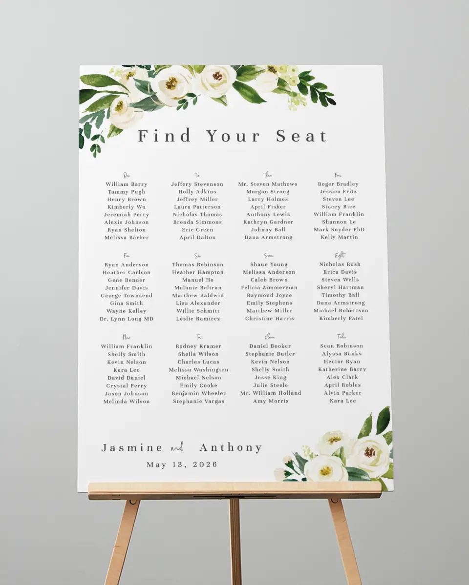 This is a 20" x 28" Seating Chart Sign called Wedding Florals printed in full color with Gold foil