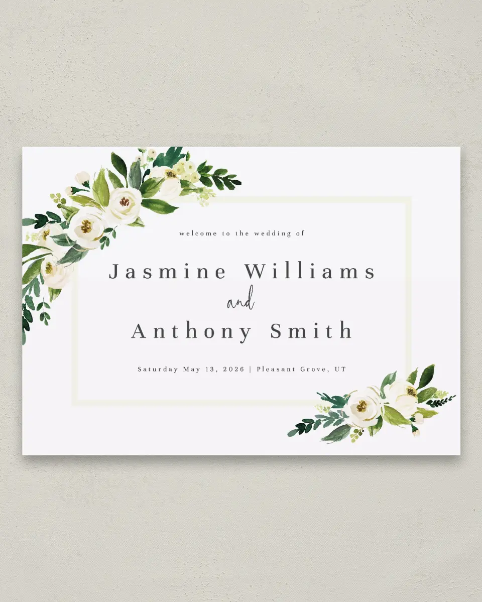 This is a 20" x 28" Welcome Sign called Wedding Florals printed in full color