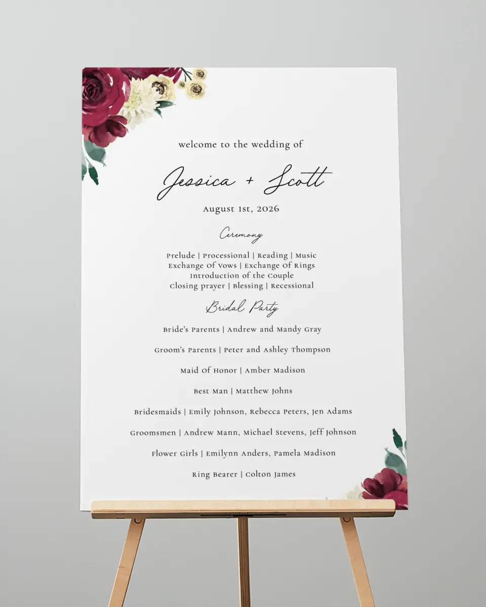 This is a 20" x 28" Ceremony Sign called Floral Touch printed in full color