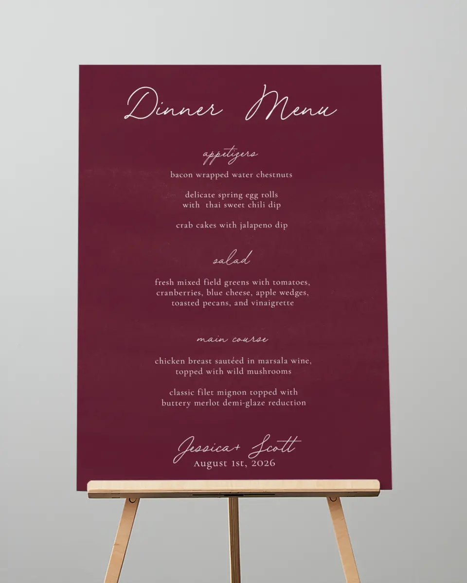 This is a 20" x 28" Menu Sign called Floral Touch printed in full color with Rose Gold foil
