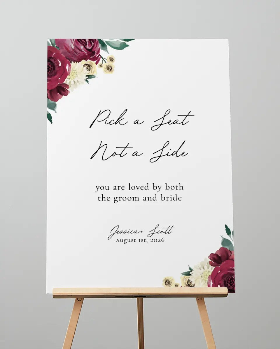This is a 20" x 28" Pick a Seat Sign called Floral Touch printed in full color