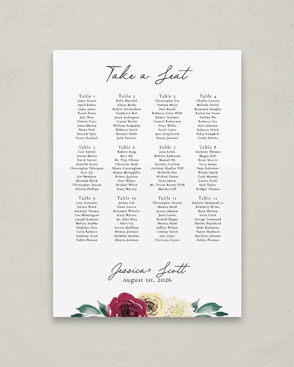 This is a 20" x 28" Seating Chart Sign called Floral Touch printed in full color