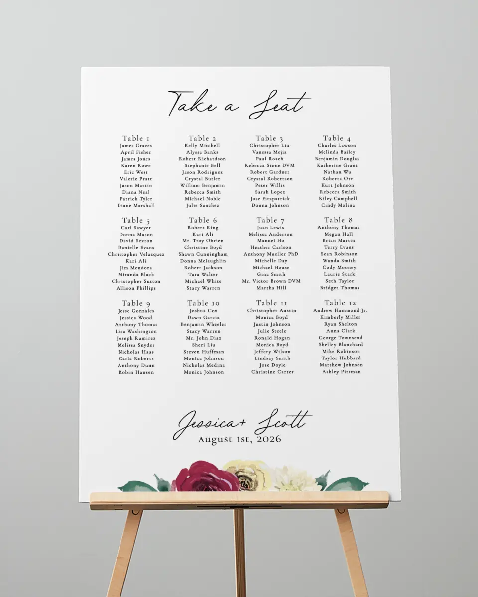 This is a 20" x 28" Seating Chart Sign called Floral Touch printed in full color