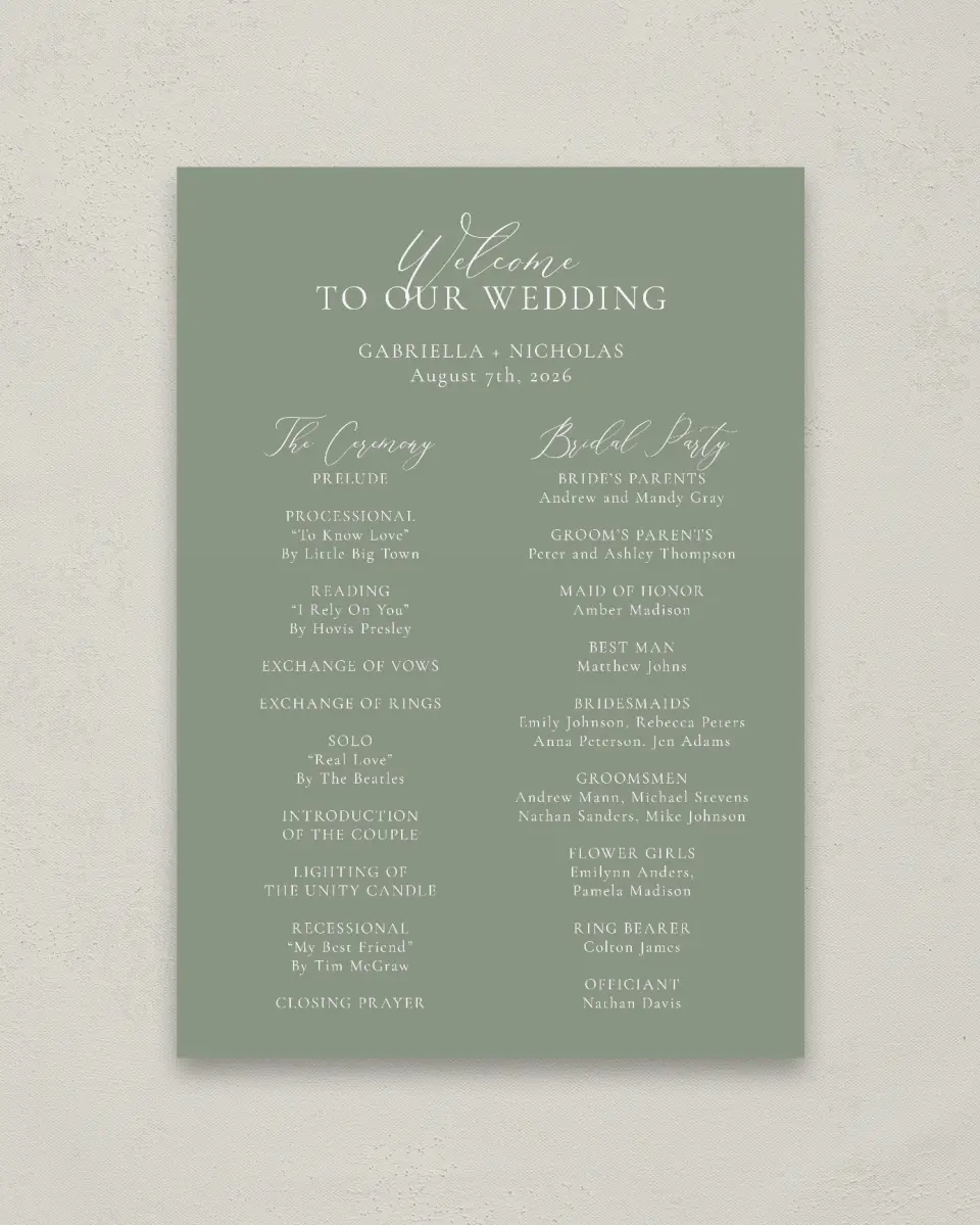 This is a 20" x 28" Ceremony Sign called Minimalist Type printed in full color with Rose Gold foil