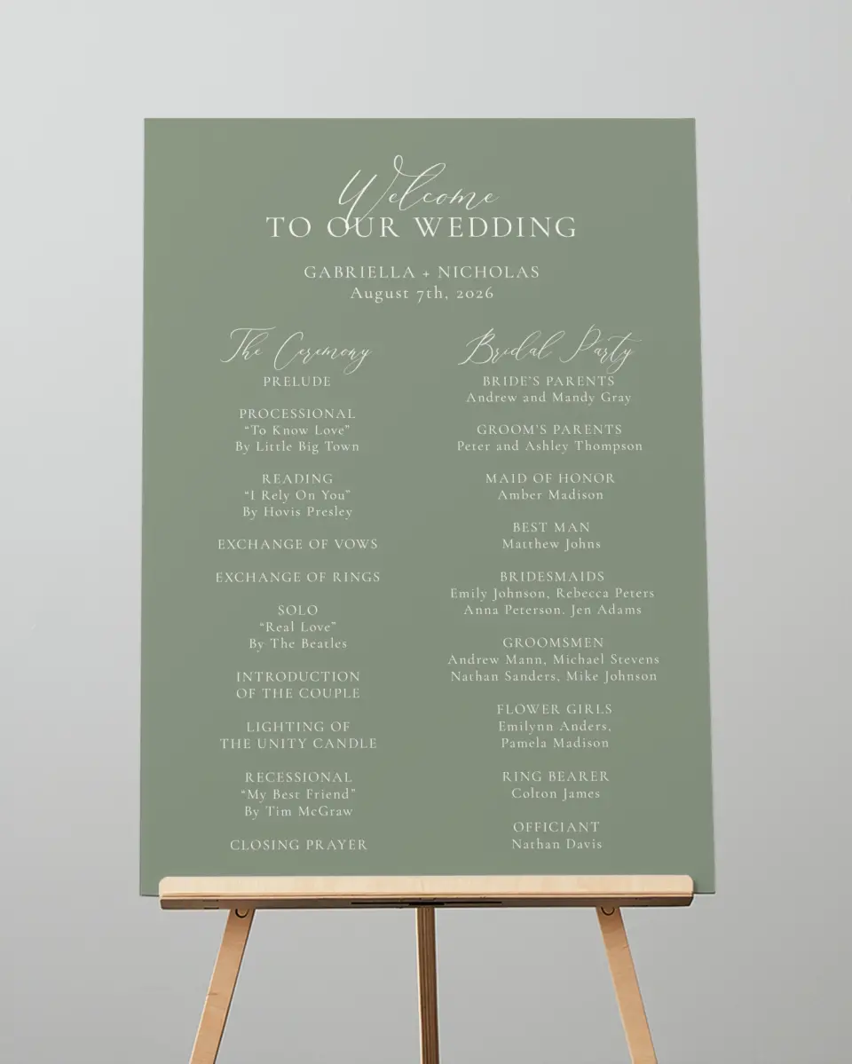 This is a 20" x 28" Ceremony Sign called Minimalist Type printed in full color
