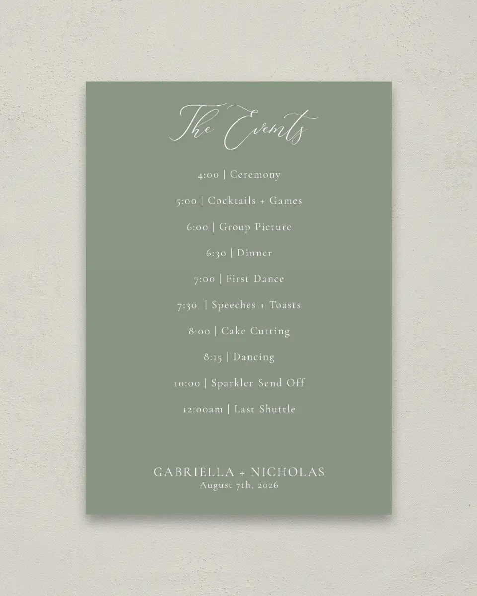 This is a 20" x 28" Schedule Sign called Minimalist Type printed in full color