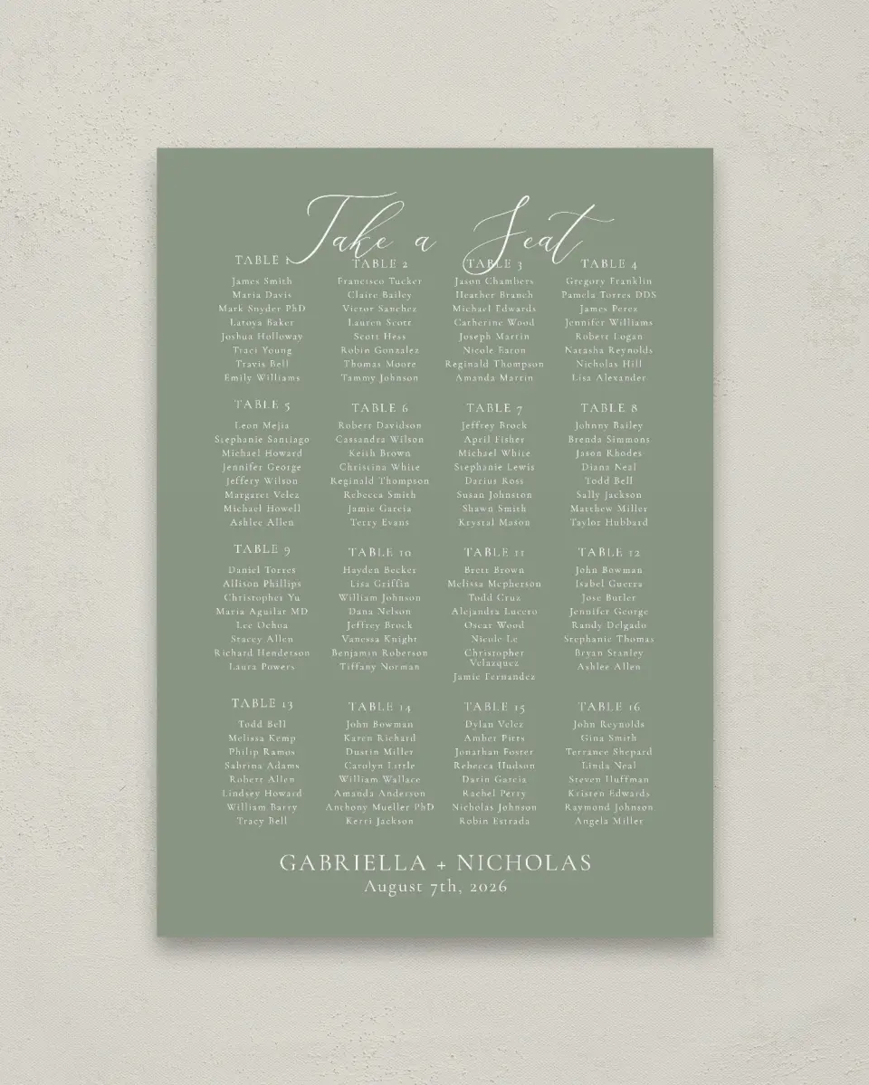 This is a 20" x 28" Seating Chart Sign called Minimalist Type printed in full color