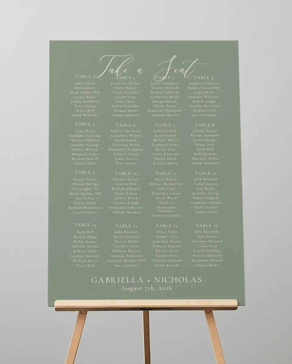 This is a 20" x 28" Seating Chart Sign called Minimalist Type printed in full color
