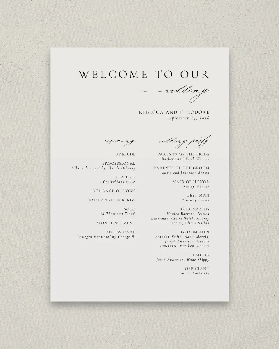 This is a 20" x 28" Ceremony Sign called Simply Elegant printed in full color with Rose Gold foil