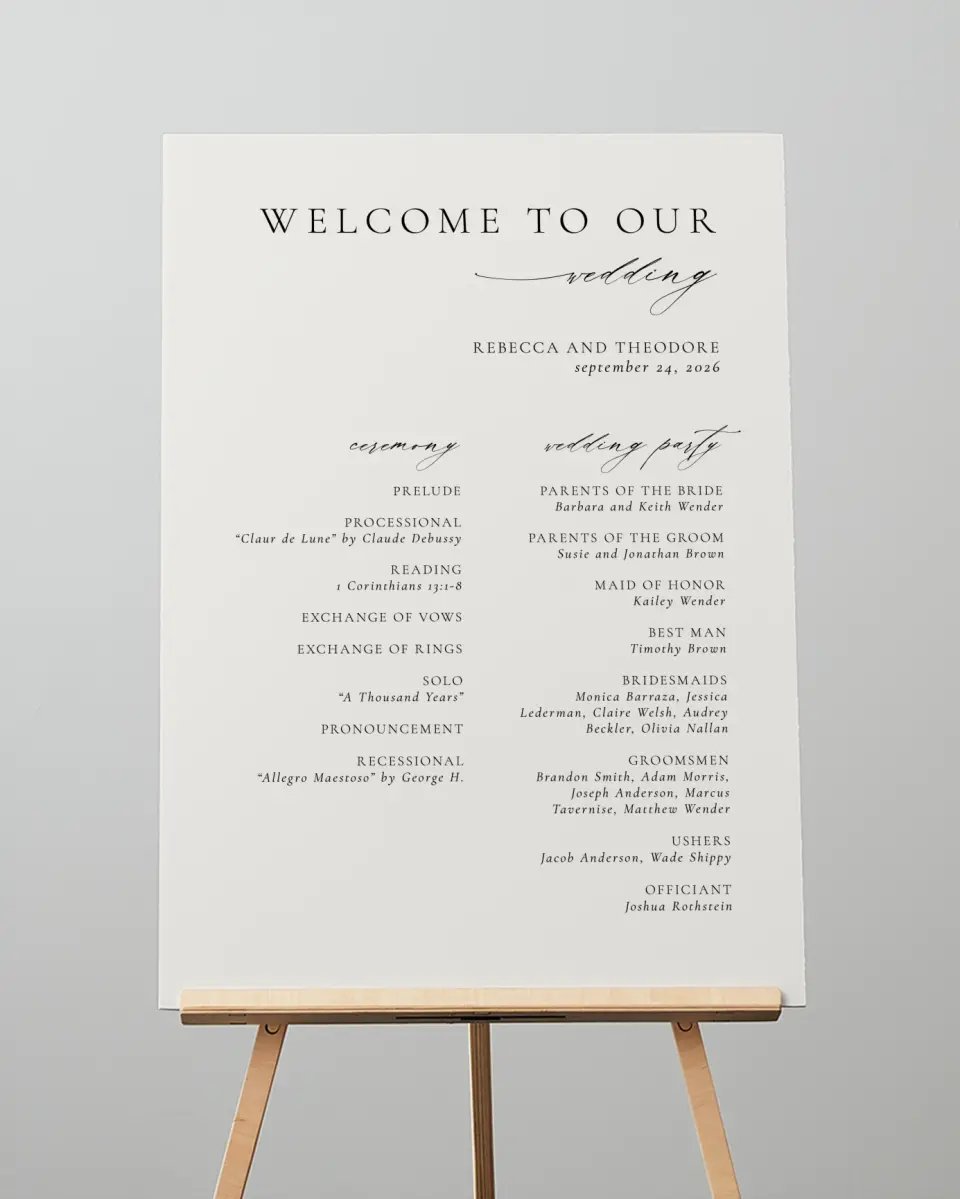 This is a 20" x 28" Ceremony Sign called Simply Elegant printed in full color