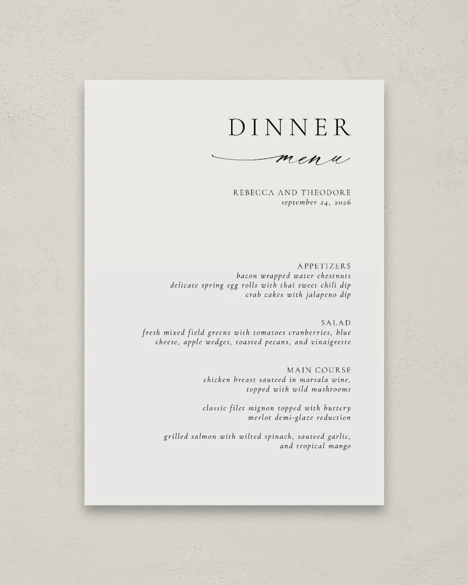 This is a 20" x 28" Menu Sign called Simply Elegant printed in full color