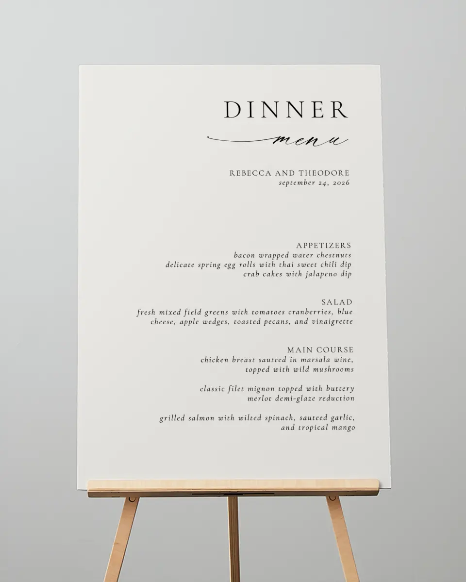This is a 20" x 28" Menu Sign called Simply Elegant printed in full color