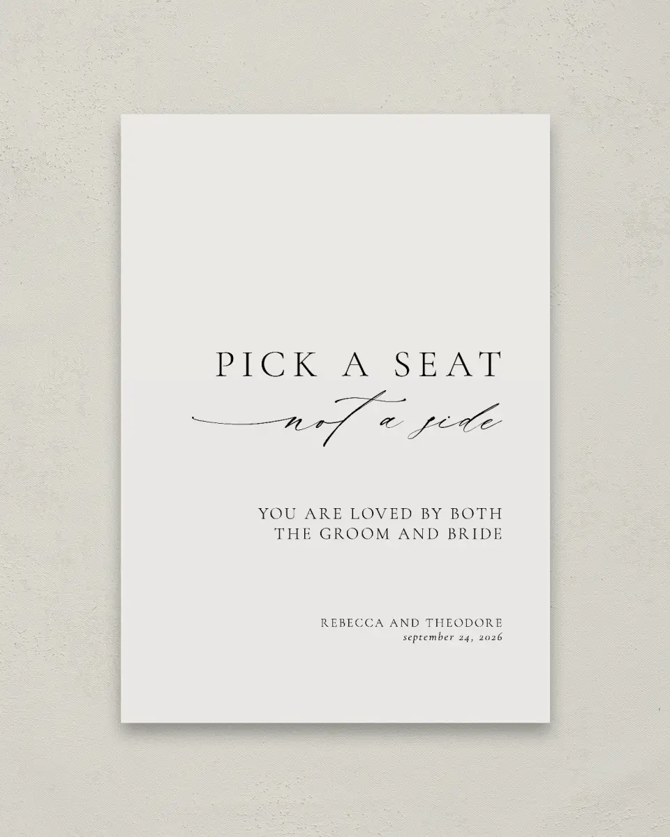 This is a 20" x 28" Pick a Seat Sign called Simply Elegant printed in full color