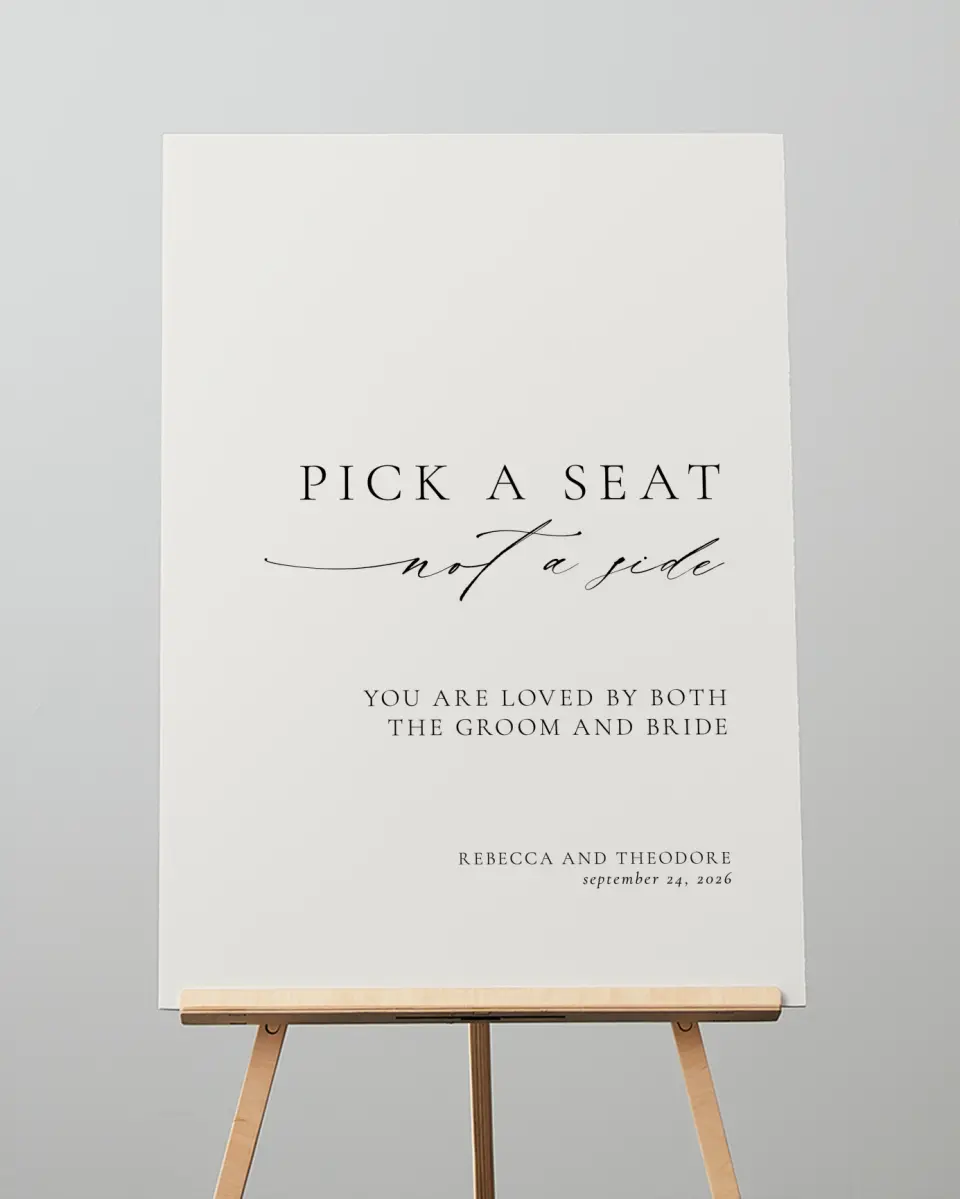 This is a 20" x 28" Pick a Seat Sign called Simply Elegant printed in full color