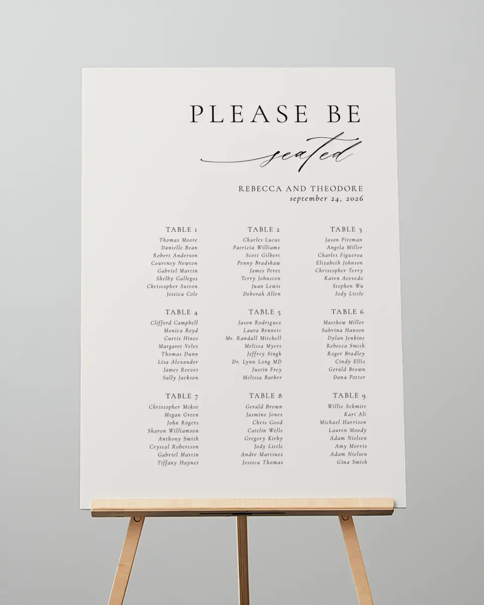 This is a 20" x 28" Seating Chart Sign called Simply Elegant printed in full color