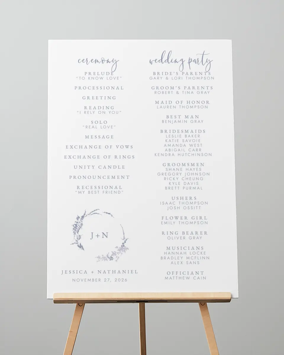 This is a 20" x 28" Ceremony Sign called Dainty Wreath printed in full color