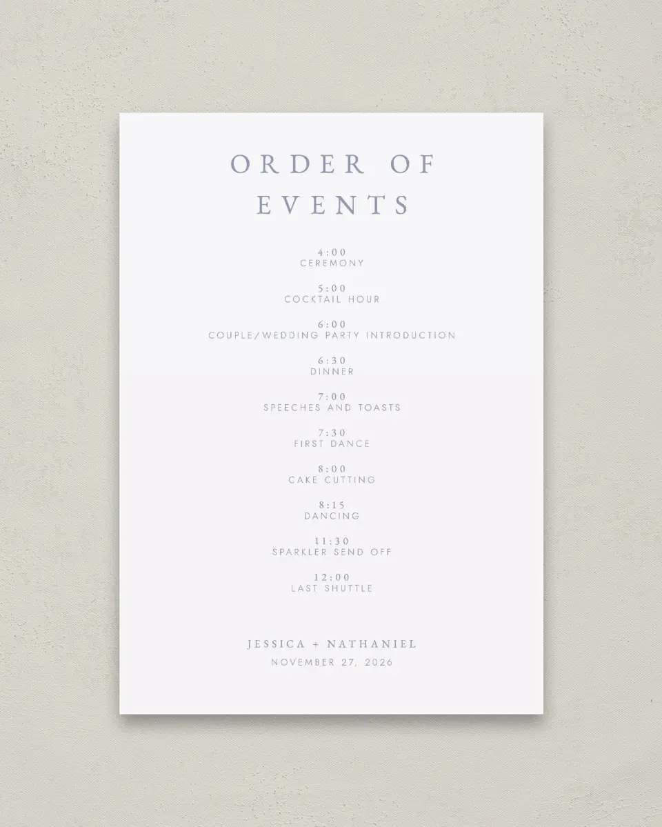 This is a 20" x 28" Schedule Sign called Dainty Wreath printed in full color with Rose Gold foil