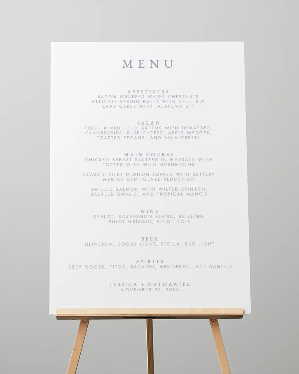 This is a 20" x 28" Menu Sign called Dainty Wreath printed in full color