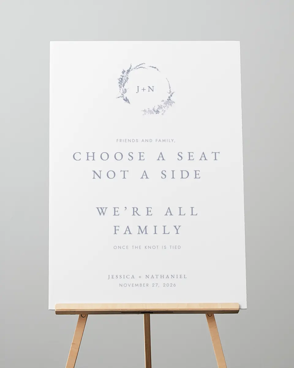 This is a 20" x 28" Pick a Seat Sign called Dainty Wreath printed in full color