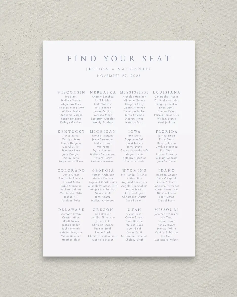 This is a 20" x 28" Seating Chart Sign called Dainty Wreath printed in full color