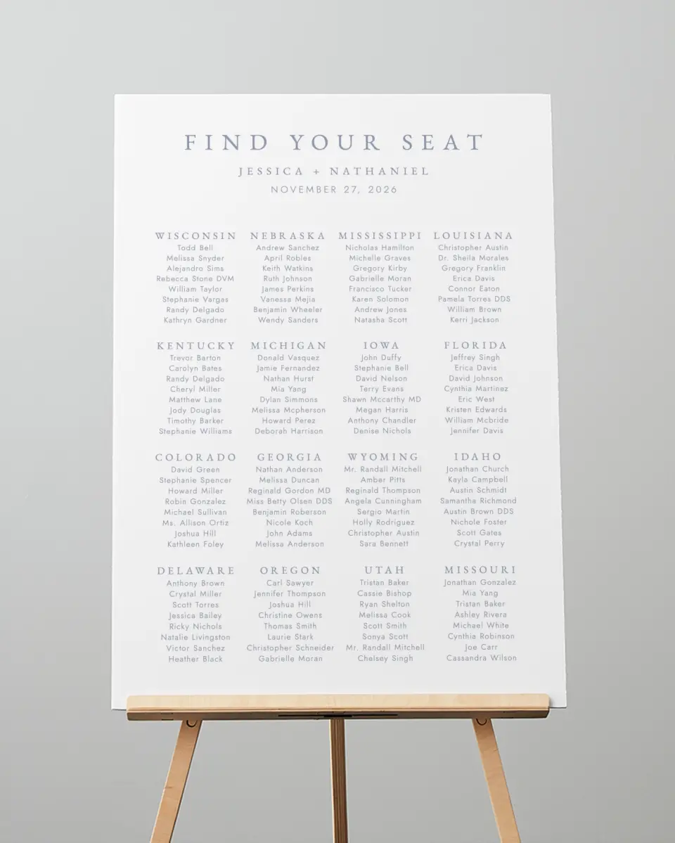 This is a 20" x 28" Seating Chart Sign called Dainty Wreath printed in full color