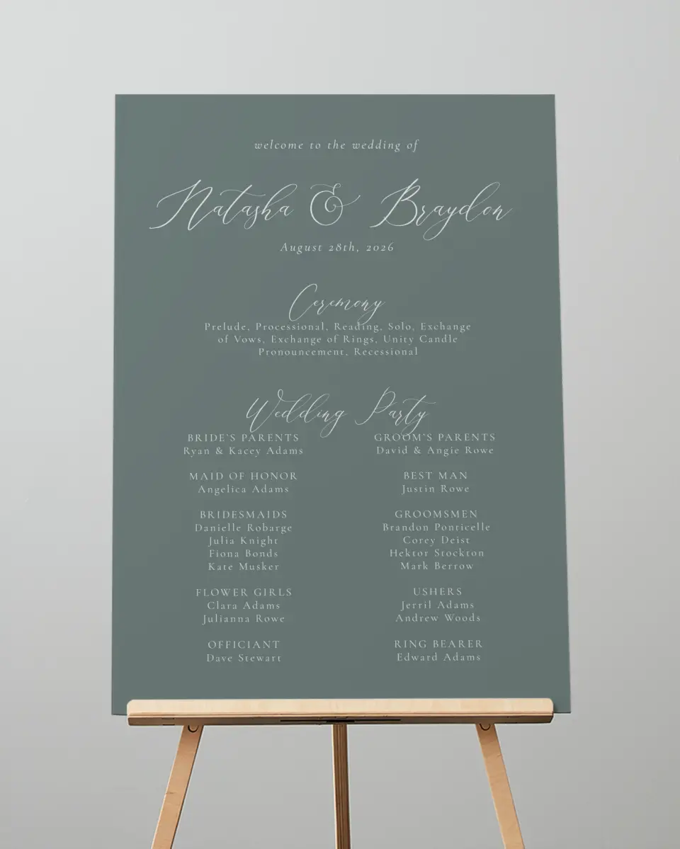 This is a 20" x 28" Ceremony Sign called Timeless Order printed in full color