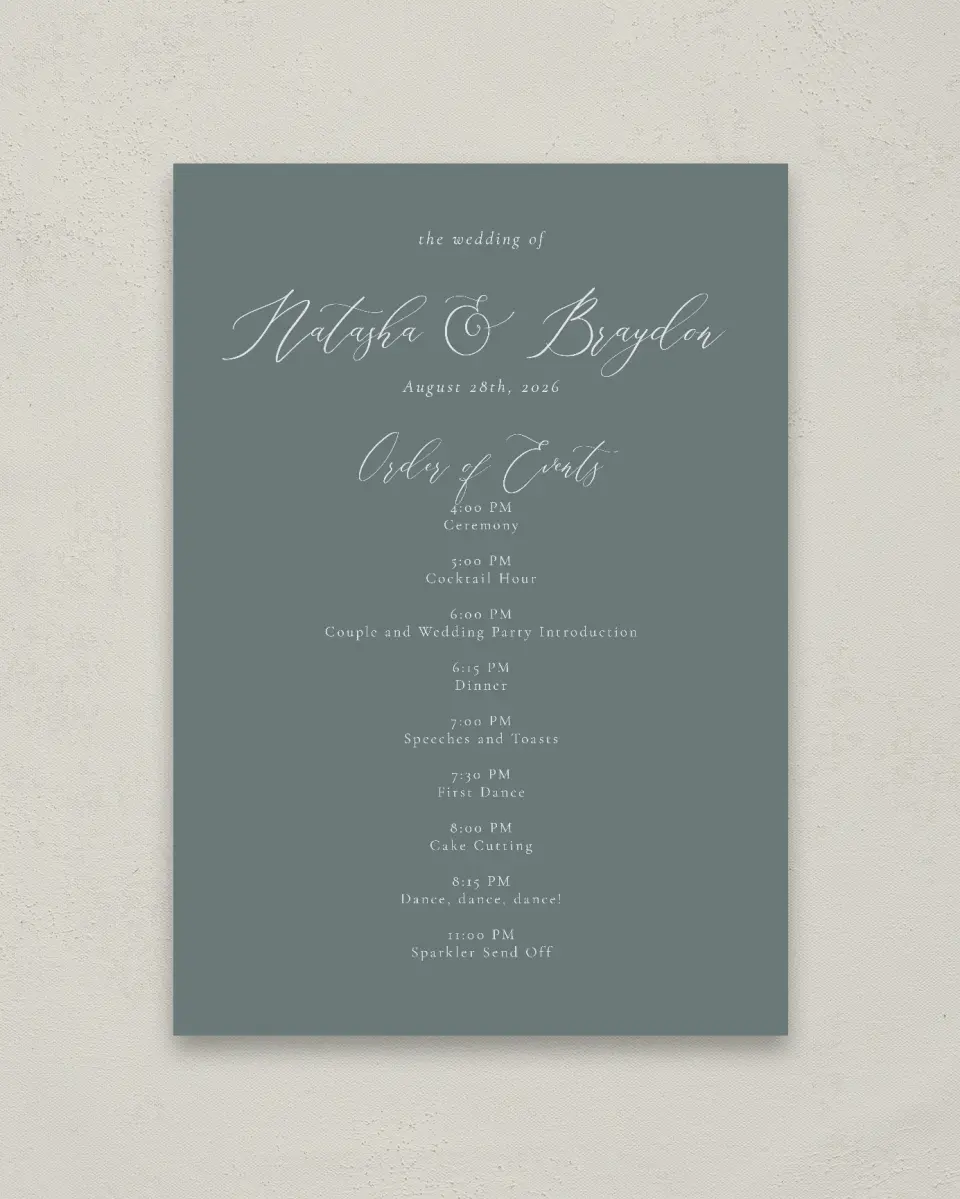 This is a 20" x 28" Schedule Sign called Timeless Order printed in full color with Silver foil