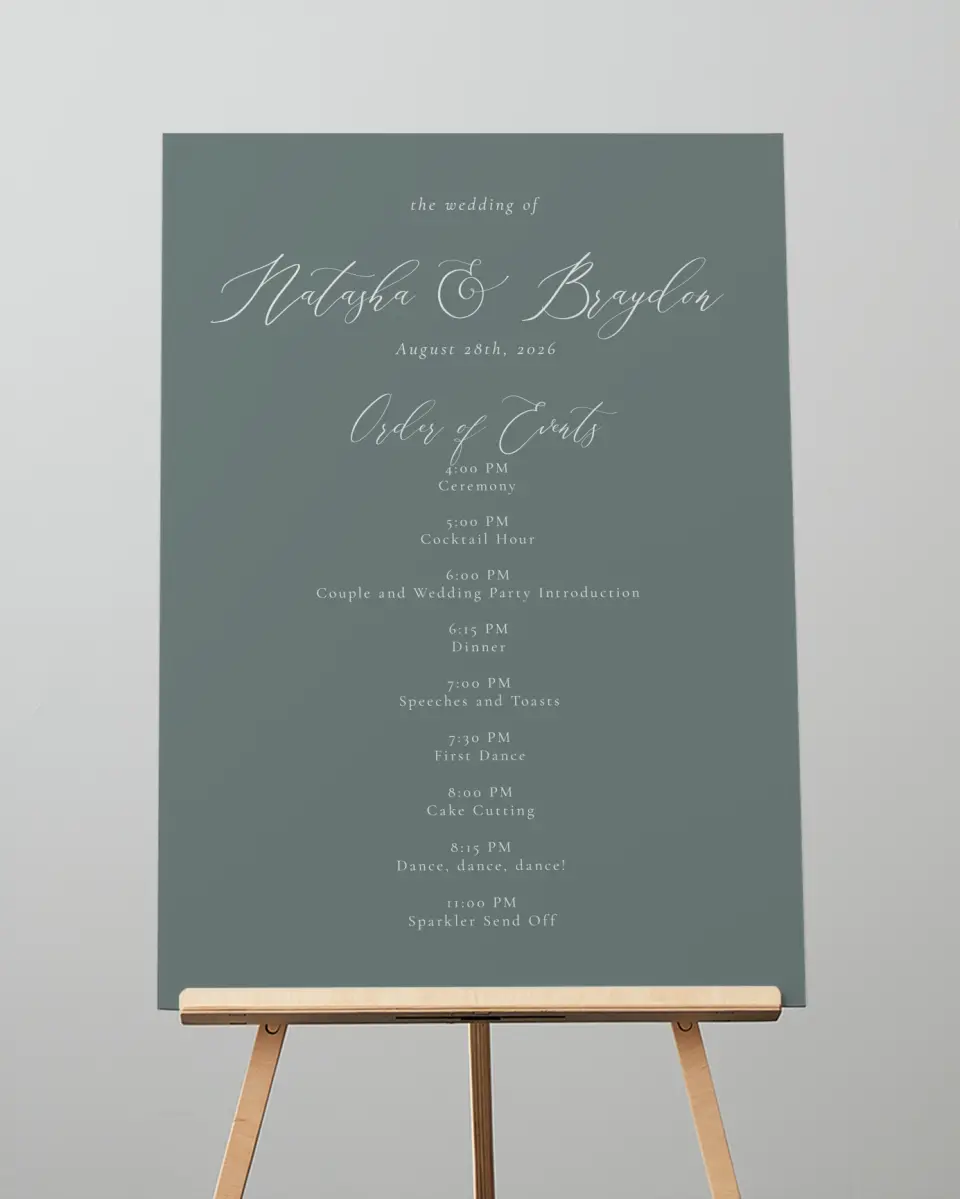 This is a 20" x 28" Schedule Sign called Timeless Order printed in full color