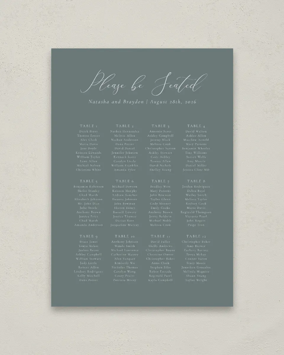 This is a 20" x 28" Seating Chart Sign called Timeless Order printed in full color