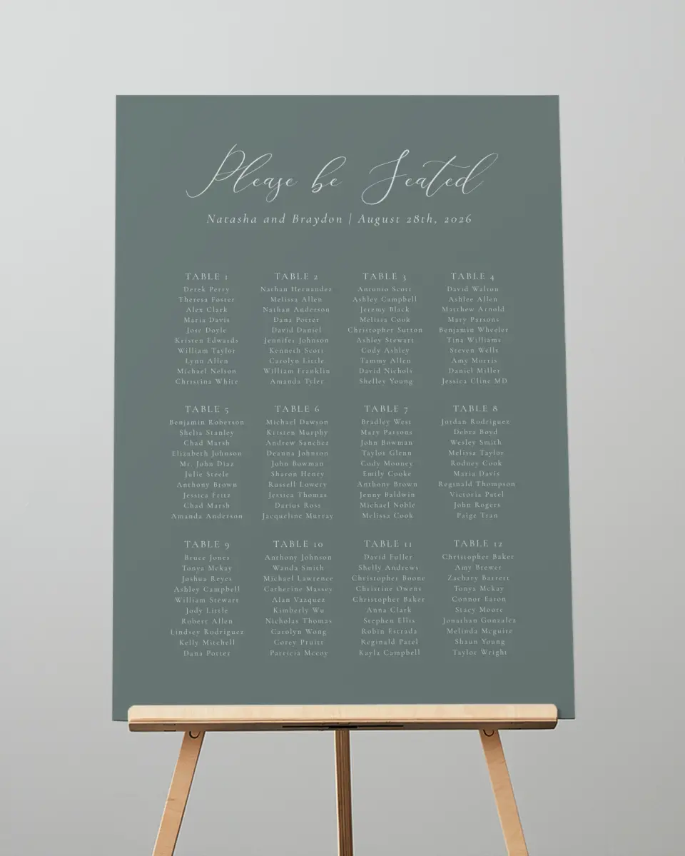 This is a 20" x 28" Seating Chart Sign called Timeless Order printed in full color
