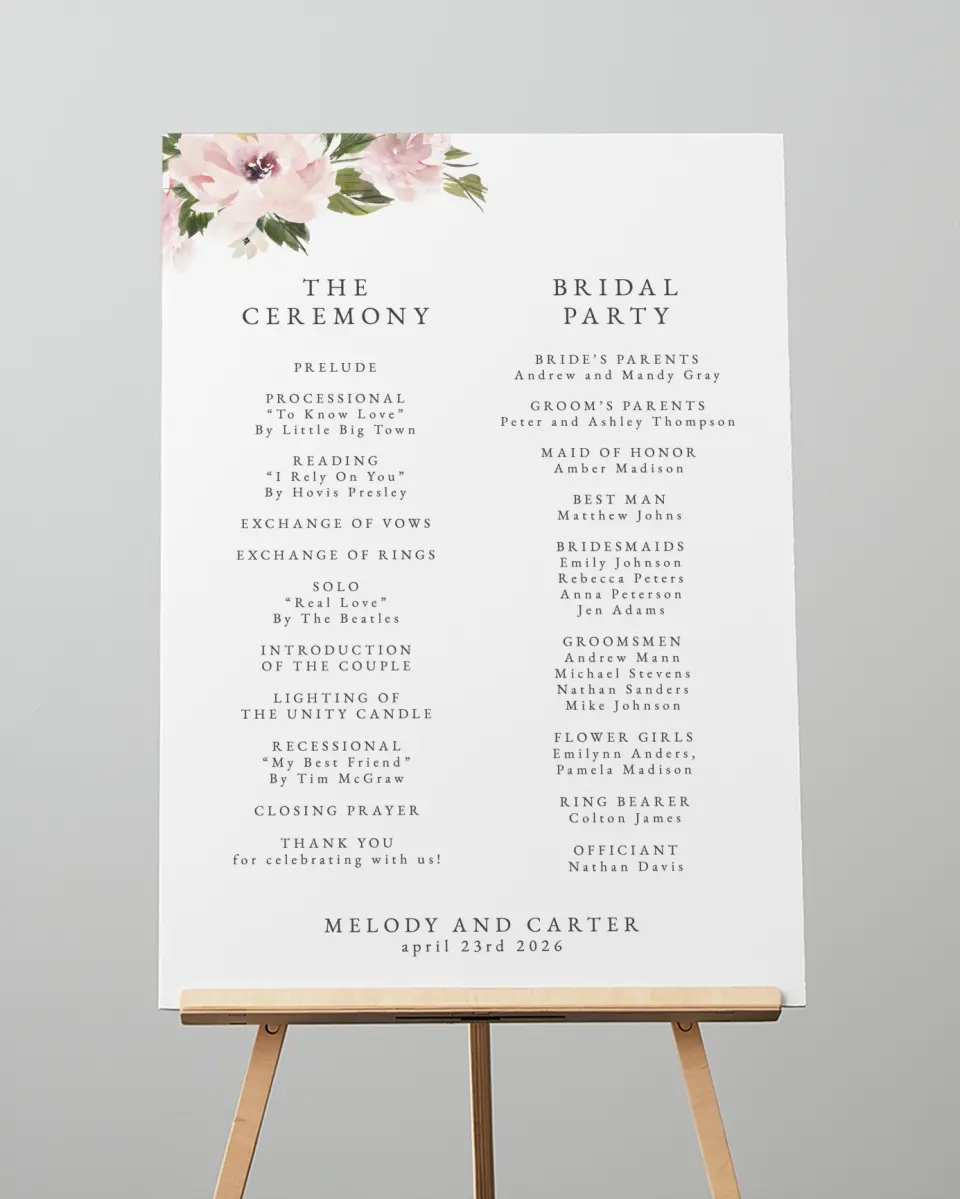 This is a 20" x 28" Ceremony Sign called Sweet Floral printed in full color