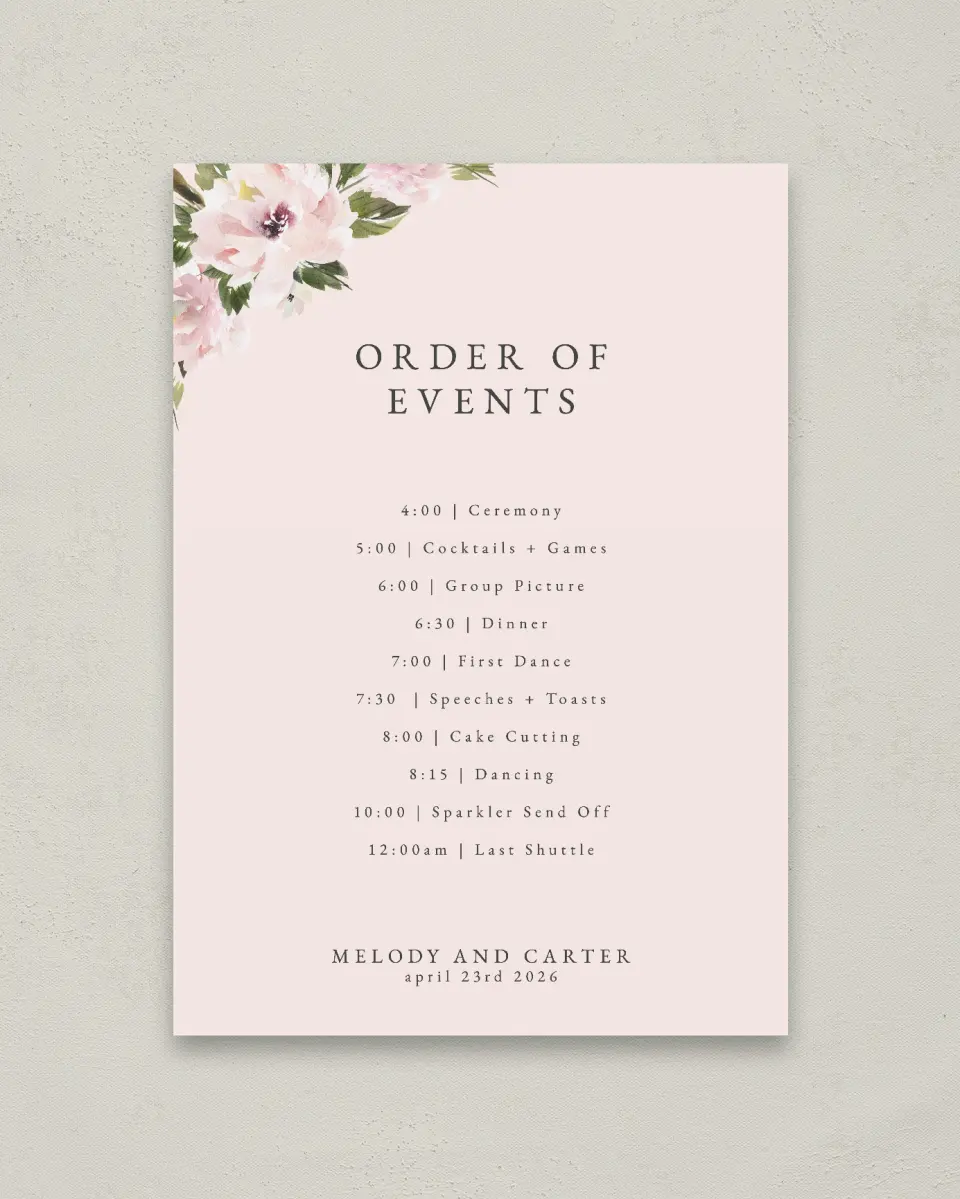 This is a 20" x 28" Schedule Sign called Sweet Floral printed in full color with Rose Gold foil