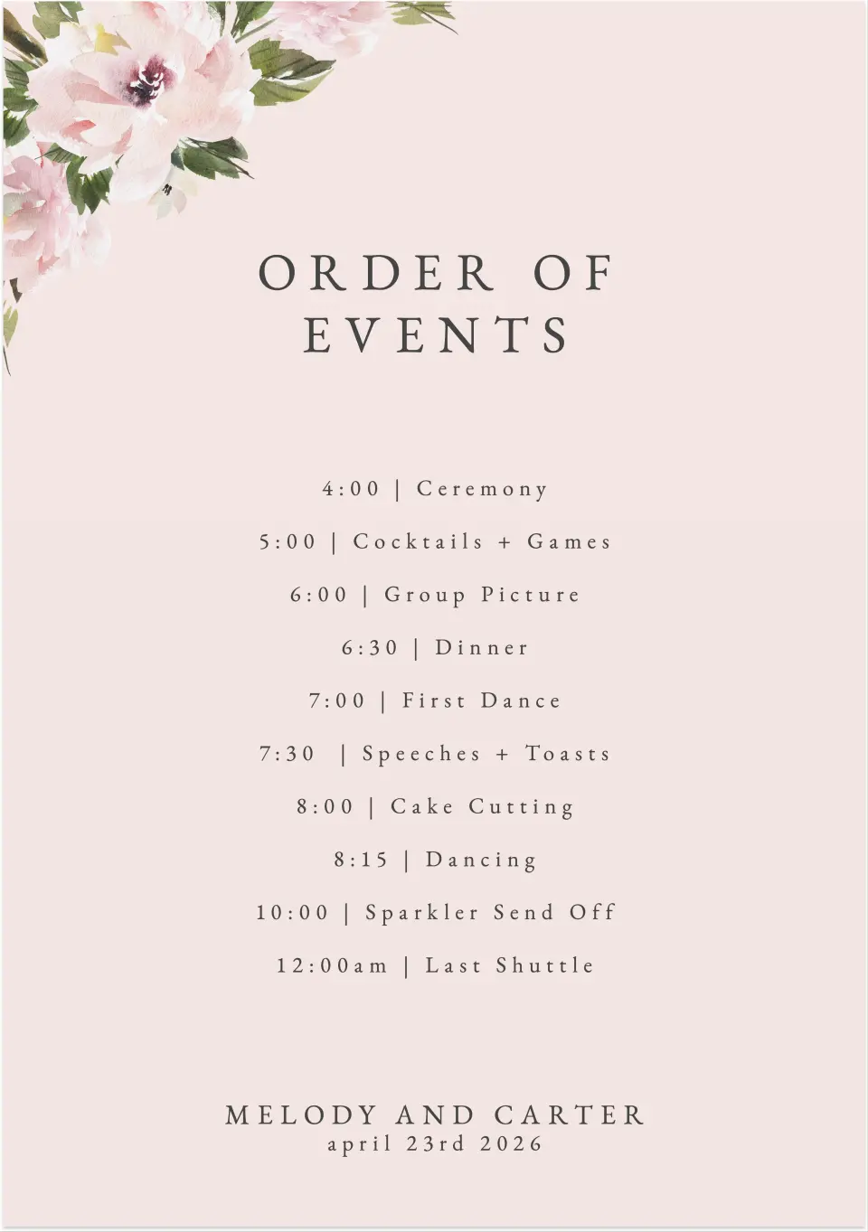 This is a 20" x 28" Schedule Sign called Sweet Floral printed in full color