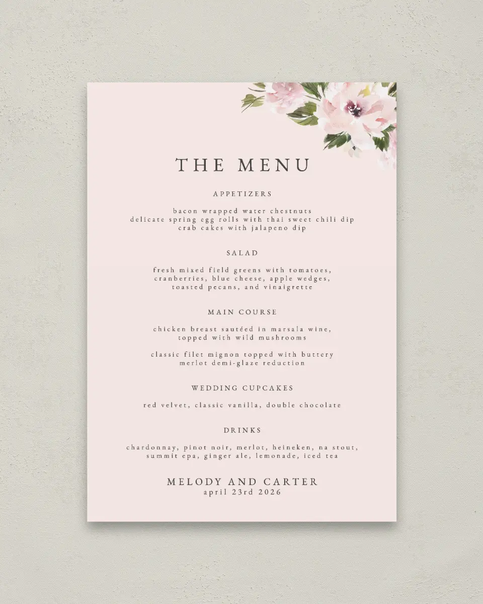This is a 20" x 28" Menu Sign called Sweet Floral printed in full color