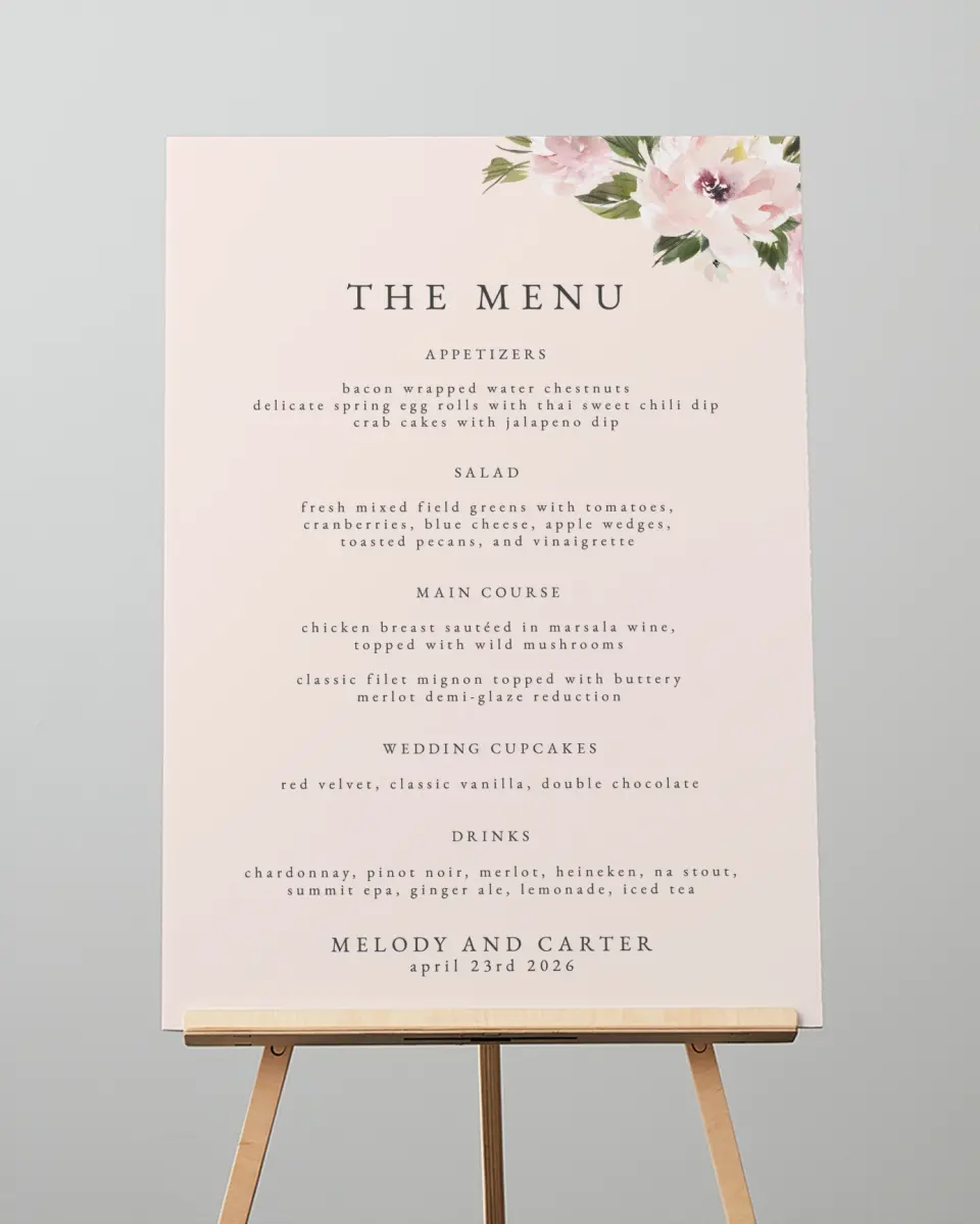 This is a 20" x 28" Menu Sign called Sweet Floral printed in full color